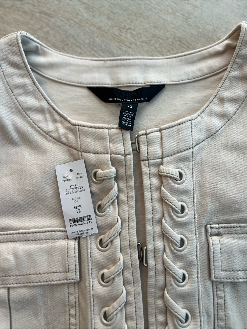 White House Black Market Cream Lace-Up Jacket with Front Pockets